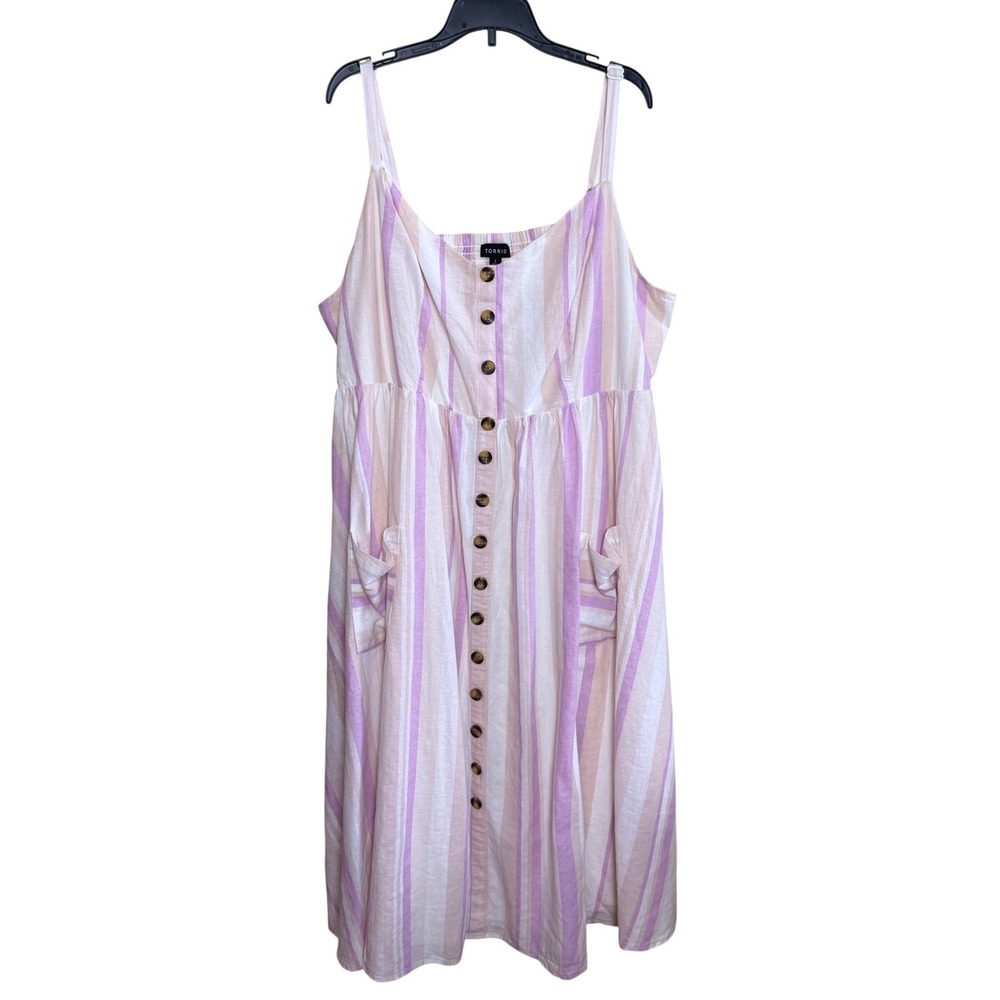 Torrid Linen/Cotton Midi Dress Womens 2X Purple Tan Striped Button Front Pocket - Picture 2 of 10
